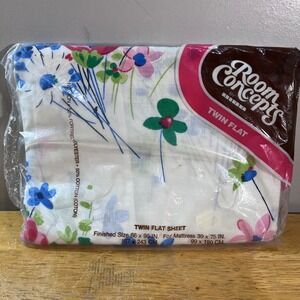 Vtg Room Concepts by Bibb Twin Flat Sheet Silk Flowers Floral Pink Blue White